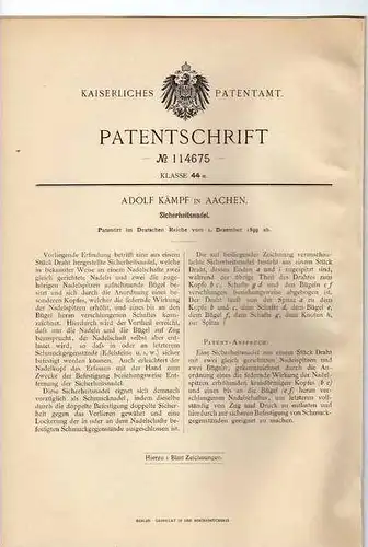 Original Patentschrift - Sicherheitsnadel , A. Kämpf in Aachen , 1899 !!!