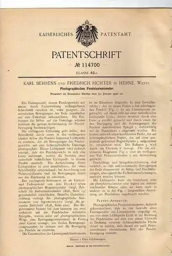 Original Patentschrift - Seismograf , Seismometer , 1900, K. Behrens in Herne , Westfalen , Erdbeben - Gerät !!!