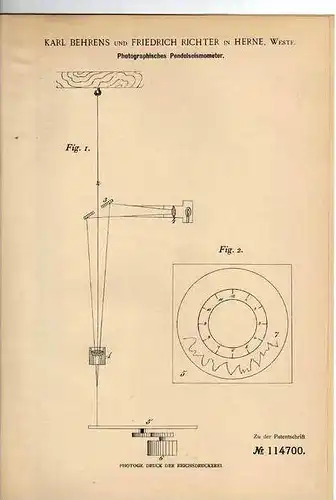 Original Patentschrift - Seismograf , Seismometer , 1900, K. Behrens in Herne , Westfalen , Erdbeben - Gerät !!!