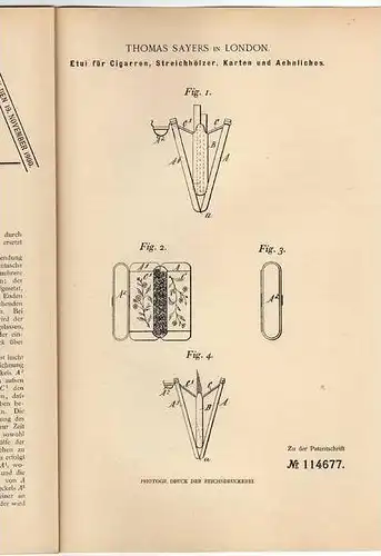 Original Patentschrift - Zigaretten Etui , Zigarren , 1899, T. Sayers in London !!!