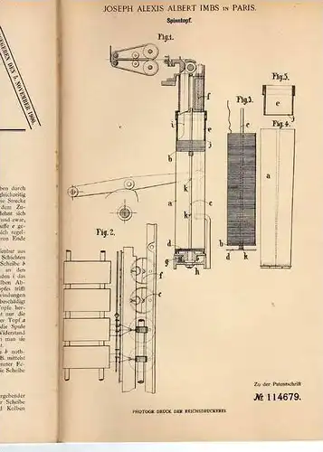 Original Patentschrift - Spinnmaschine , Spinntopf , Spinnerei , 1899 ,J. Imbs in Paris  !!!