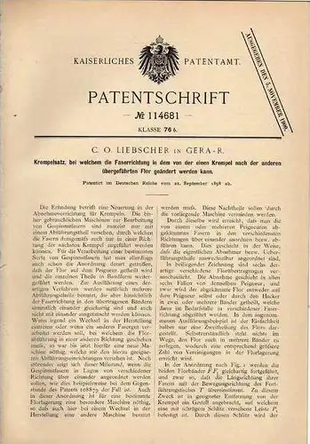 Original Patentschrift - C. Liebscher in Gera , 1898 , Faser , Stoffverarbeitung , Maschine , Näherei !!!