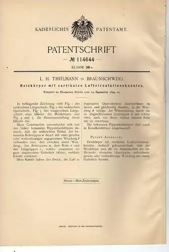 Original Patentschrift - L. Thielmann in Braunschweig , 1899 , Heizkörper !!!
