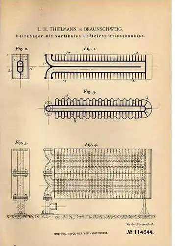 Original Patentschrift - L. Thielmann in Braunschweig , 1899 , Heizkörper !!!