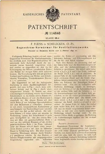 Original Patentschrift - F. Fleiss in Schelecken , Ostpreussen , 1899, Vorwärmer für Ventilator !!!