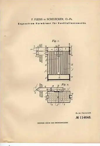 Original Patentschrift - F. Fleiss in Schelecken , Ostpreussen , 1899, Vorwärmer für Ventilator !!!