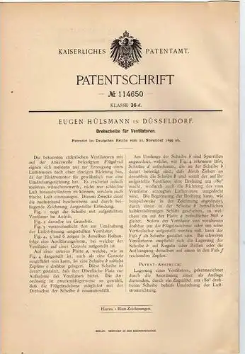 Original Patentschrift - E. Hülsmann in Düsseldorf , Ventilator , 1899  !!!