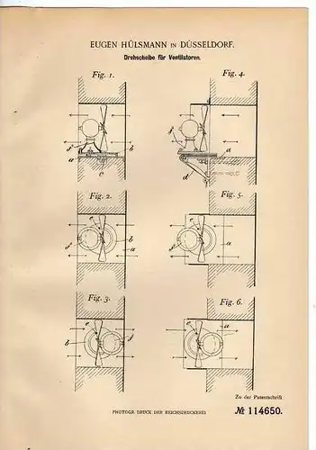 Original Patentschrift - E. Hülsmann in Düsseldorf , Ventilator , 1899  !!!