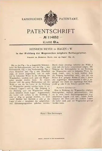 Original Patentschrift - Wagen mit Rettungsleiter , Kutsche , Feuerwehr , 1899 , H.Meyer in Hagen i. W.  !!!