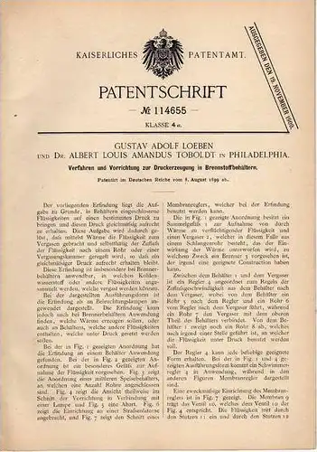 Original Patentschrift - Druckerzeugung in Brennstoffbehältern , 1899, Dr. Toboldt in Philadelphia  !!!