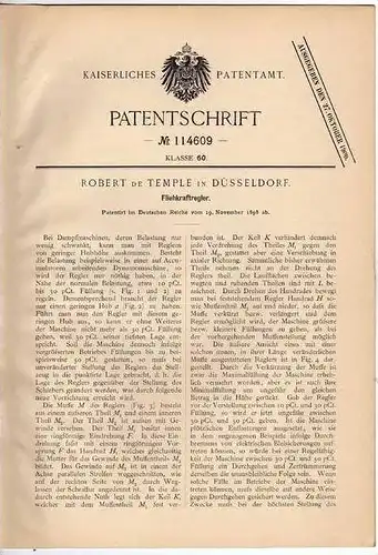 Original Patentschrift - Fliehkraftregler , Technik , 1898 , R. de Temple in Düsseldorf   !!!