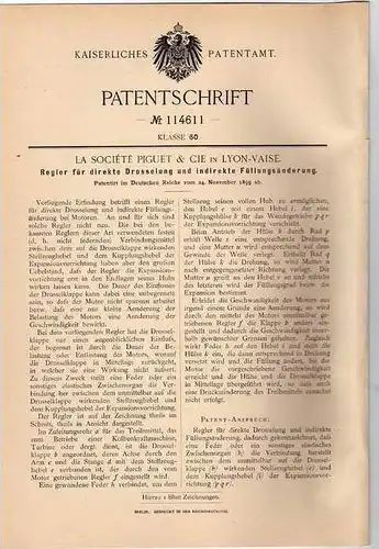 Original Patentschrift - Regler für Drosselklappe , 1899 ,  Piguet & Cie in Lyon - Vaise !!!