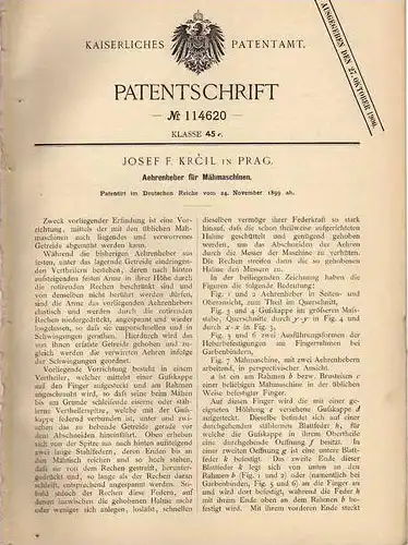 Original Patentschrift - Aehrenheber für Mähmaschinen , Landwirtschaft , 1899 , J. Krcil in Prag!!!