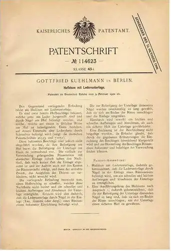 Original Patentschrift - Hufeisen mit Leder , 1900 , G. Kuehlmann in Berlin , Pferd , Pferde , Kutsche   !!!