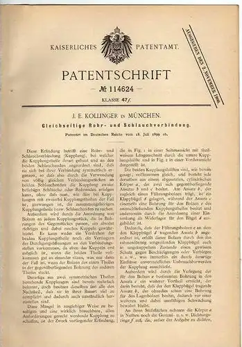 Original Patentschrift - J. Kollinger in München , 1899 , Rohr- und Schlauchverbindung , Klempner  !!!