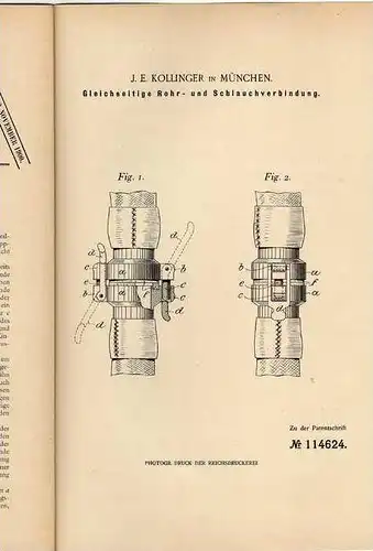 Original Patentschrift - J. Kollinger in München , 1899 , Rohr- und Schlauchverbindung , Klempner  !!!