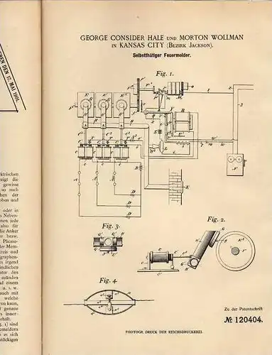 Original Patentschrift - G. Hale in Kansas City , Bez. Jackson,  Feuermelder , Feuerwehr , 1899 !!!