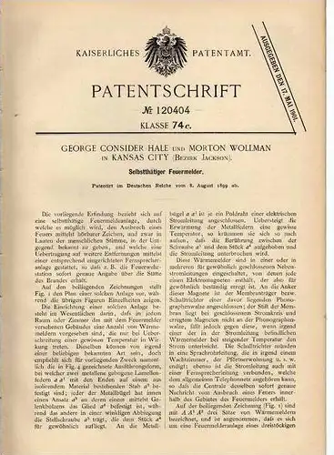 Original Patentschrift - G. Hale in Kansas City , Bez. Jackson,  Feuermelder , Feuerwehr , 1899 !!!