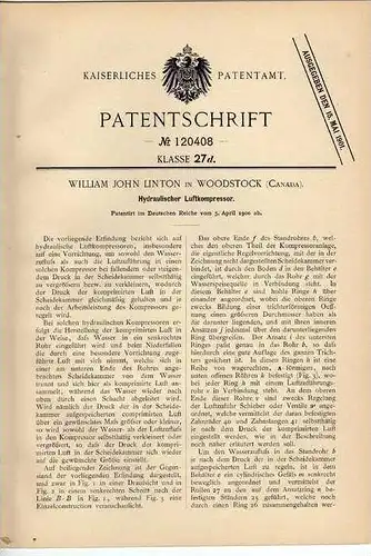 Original Patentschrift - J. Linton in Woodstock , Luftkompressor , 1900 !!!