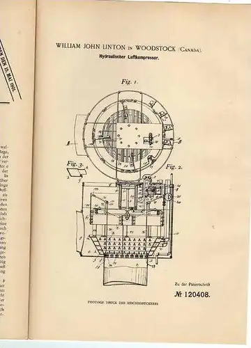Original Patentschrift - J. Linton in Woodstock , Luftkompressor , 1900 !!!