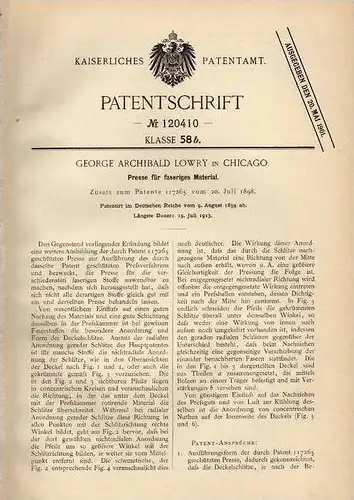 Original Patentschrift - G. Lowry in Chicago , Presse für Faserstoffe , 1899  !!!