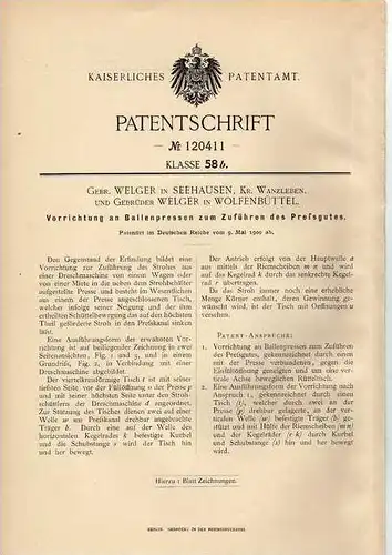 Original Patentschrift - E. Welger in Seehausen , Kr. Wanzleben und Wolfenbüttel , Ballenpresse , Landwirtschaft ,1900 !