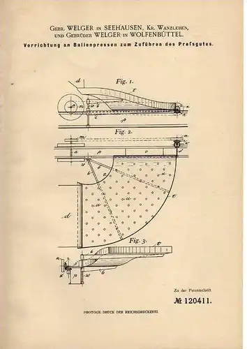 Original Patentschrift - E. Welger in Seehausen , Kr. Wanzleben und Wolfenbüttel , Ballenpresse , Landwirtschaft ,1900 !