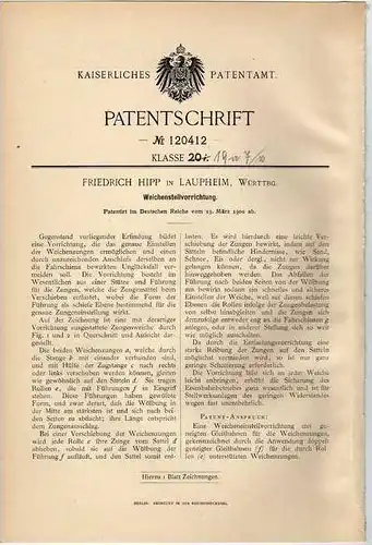 Original Patentschrift - F. Hipp in Laupheim , 1900 , Weichensteller , Eisenbahn , Schiene !!!