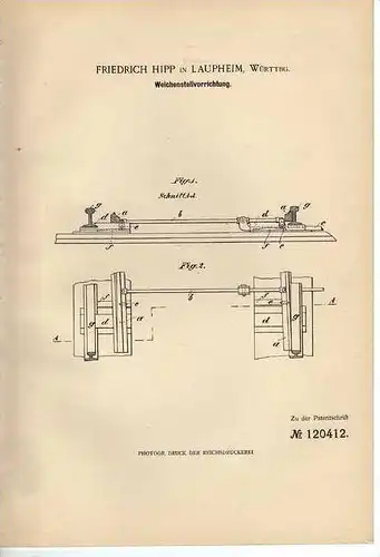 Original Patentschrift - F. Hipp in Laupheim , 1900 , Weichensteller , Eisenbahn , Schiene !!!