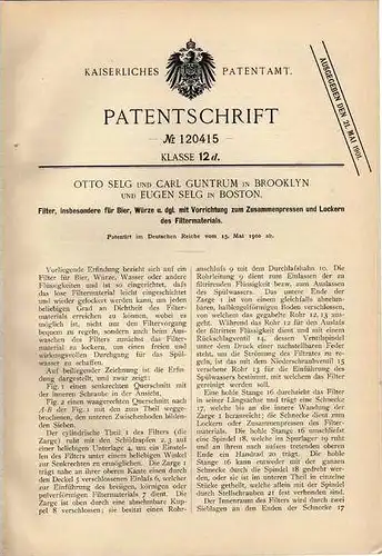Original Patentschrift - O. Selg in Brooklyn und Boston , 1900 , verstellb. Filter für Bier !!!
