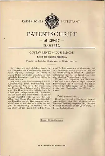 Original Patentschrift - G. Lentz in Düsseldorf , Heizkessel , Heizungsbau , 1900 !!!