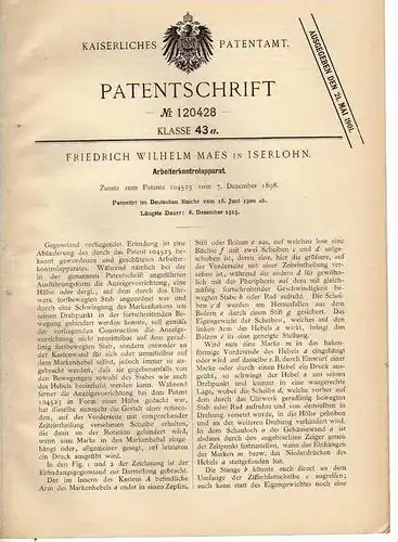 Original Patentschrift - F. Maes in Iserlohn , 1900 , Arbeiter Kontrollapparat  !!!