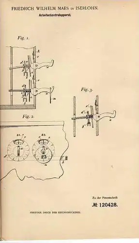 Original Patentschrift - F. Maes in Iserlohn , 1900 , Arbeiter Kontrollapparat  !!!