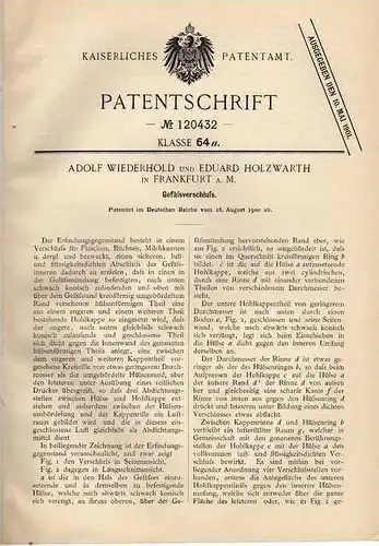 Original Patentschrift - A. Wiederhold in Frankfurt a. Main , 1900 , Verschluß für Gefäße !!!