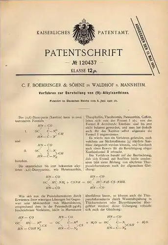 Original Patentschrift - Boehringer & Söhne in Waldhof b. Mannheim , 1900 , Chemie , Alkylxanthinen !!!