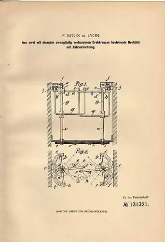 Original Patentschrift - F. Roux in Lyon , Drehtür mit Zählvorrichtung, 1901!!!