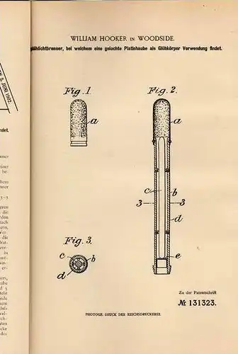 Original Patentschrift - W. Hooker in Woodside , Gaslichtbrenner , 1901, Gaslampe !!!
