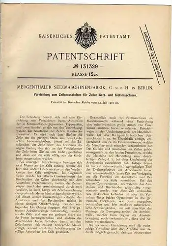 Original Patentschrift - Setzmaschinenfabrik Mergenthal in Berlin , 1901 ,Buchdruck , Druckerei  !!!
