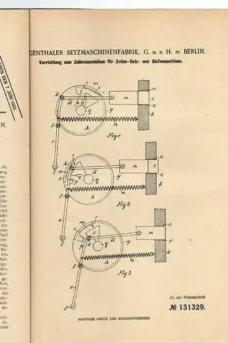 Original Patentschrift - Setzmaschinenfabrik Mergenthal in Berlin , 1901 ,Buchdruck , Druckerei  !!!