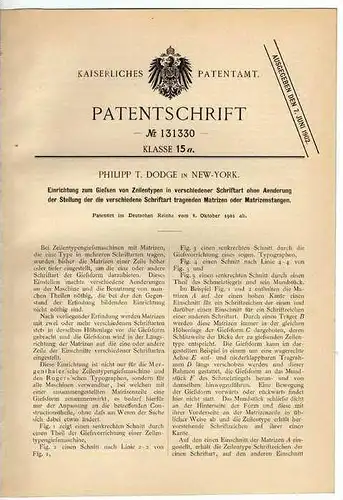 Original Patentschrift - P. Dodge in New York , 1901 , Buchdruck , Druckerei , Guß von Zeilentypen !!!