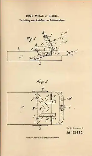 Original Patentschrift - J. Mirau in Berlin , Briefschließer , 1901 !!!