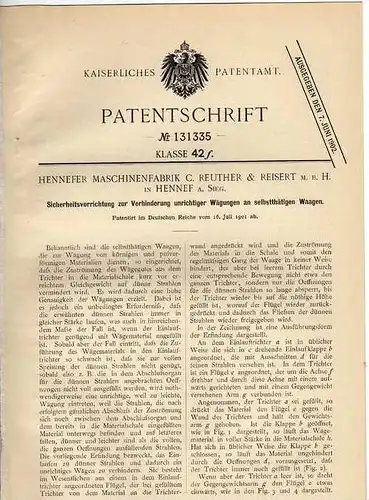 Original Patentschrift - Maschinenfabrik in Hennef a. Sieg ,1901 , Waage !!!