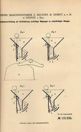 Original Patentschrift - Maschinenfabrik in Hennef a. Sieg ,1901 , Waage !!!