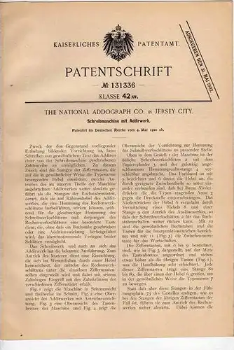 Original Patentschrift - The National Addograph Co. in Jersey City , 1900 , Schreibmaschine mit Addierwerk , typewriter