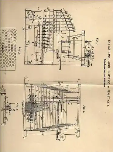 Original Patentschrift - The National Addograph Co. in Jersey City , 1900 , Schreibmaschine mit Addierwerk , typewriter