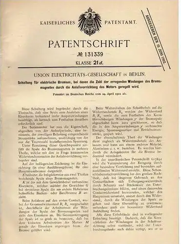 Original Patentschrift - Elektricitäts-Gesellschaft in Berlin , elektr. Bremse , 1901  !!!