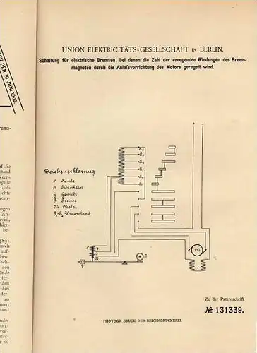 Original Patentschrift - Elektricitäts-Gesellschaft in Berlin , elektr. Bremse , 1901  !!!