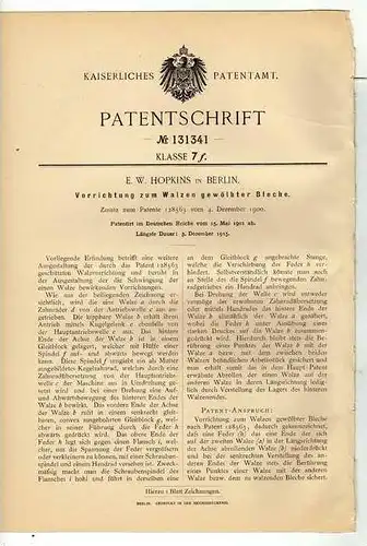 Original Patentschrift - E.W. Hopkins in Berlin ,1901 , Walze , Metallbau !!!