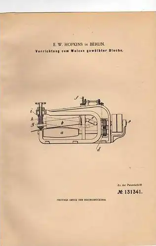 Original Patentschrift - E.W. Hopkins in Berlin ,1901 , Walze , Metallbau !!!