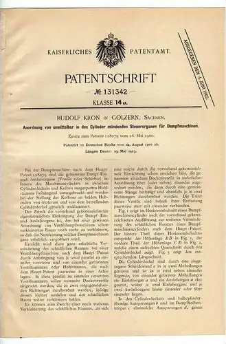 Original Patentschrift - R. Kron in Golzern , Sachsen , Damfmaschine Steuerung , 1900 !!!